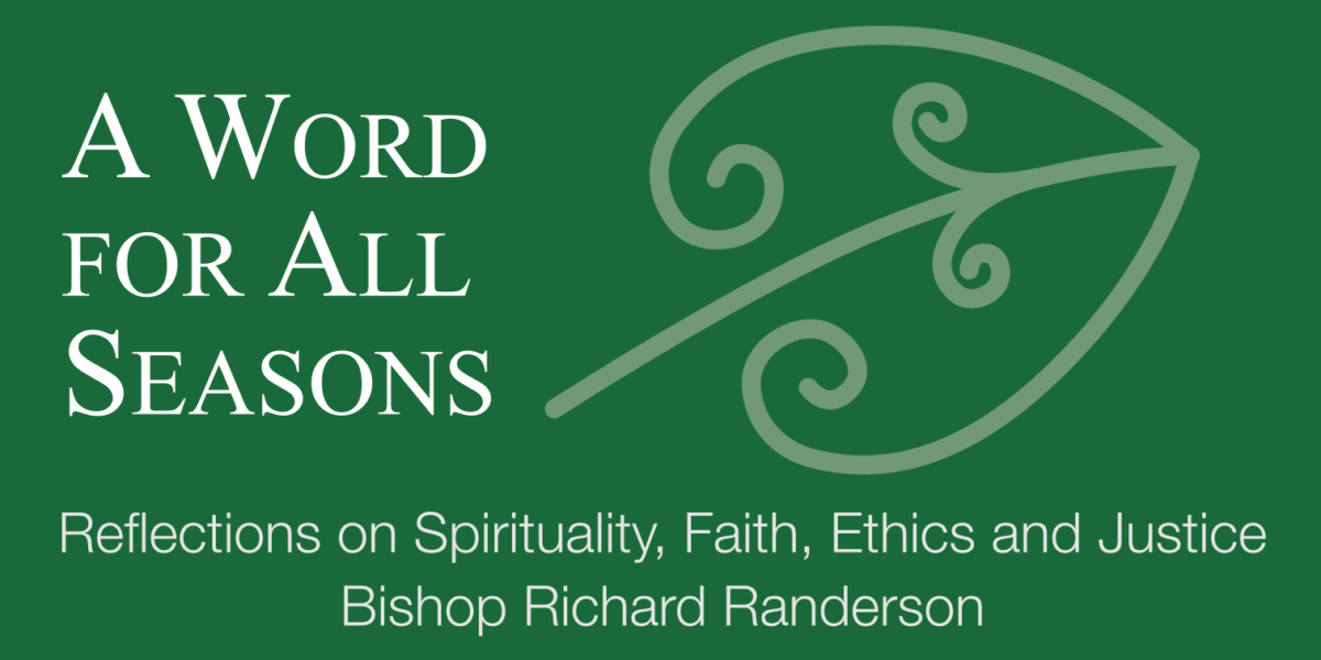 stylized leaf with text"a word for all seasons: reflections on spirituality, faith, ethics, and justice"